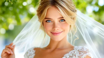Beautiful Blonde Bride Smiling In Wedding Veil