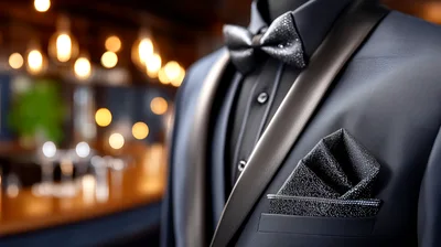 Elegant Black Tuxedo With Bow Tie And Pocket Square