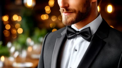 Elegant Man Wearing A Black Tuxedo And Bow Tie