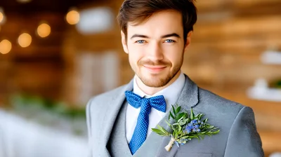 Handsome Groom Wearing Grey Suit and Blue Bow Tie