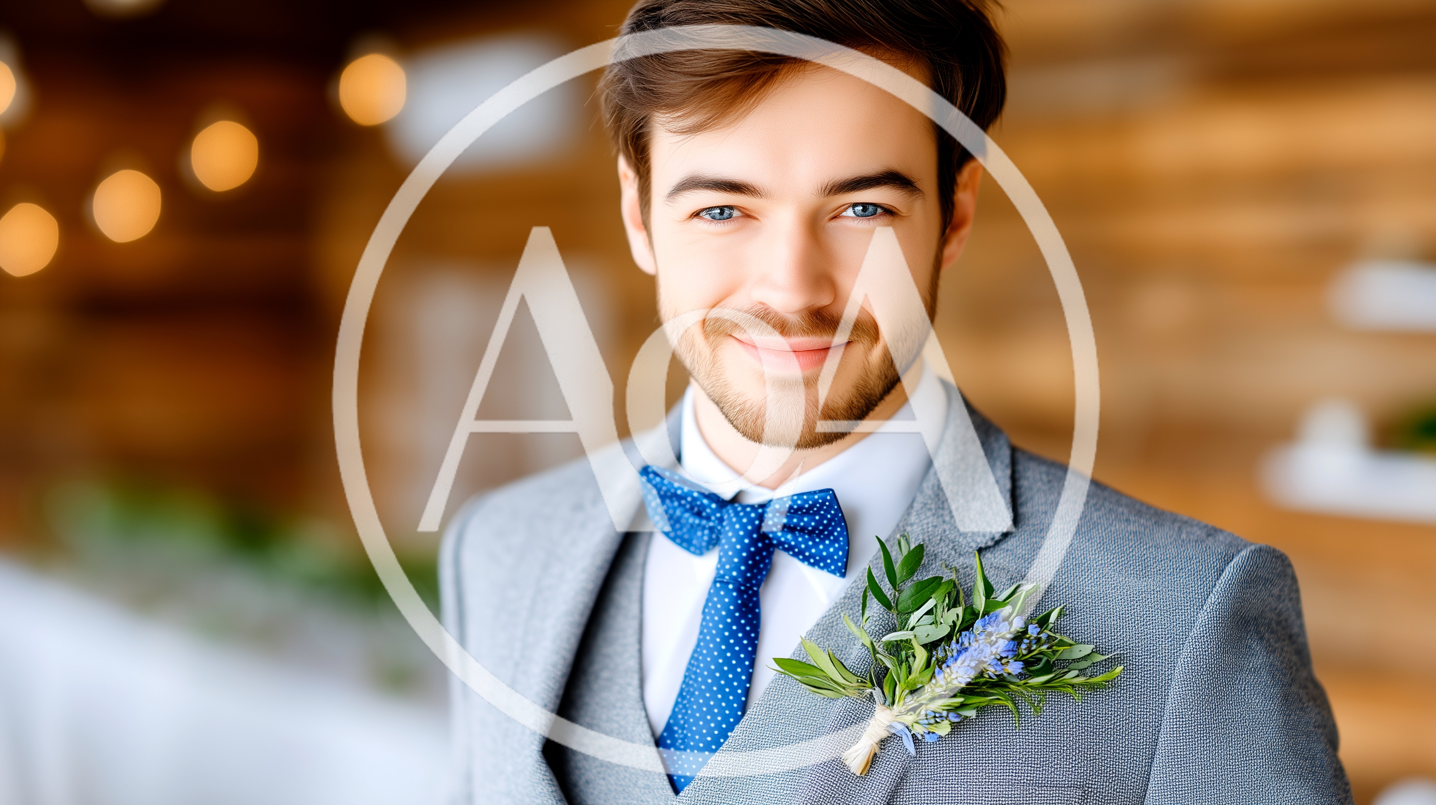 Handsome Groom Wearing Grey Suit and Blue Bow Tie