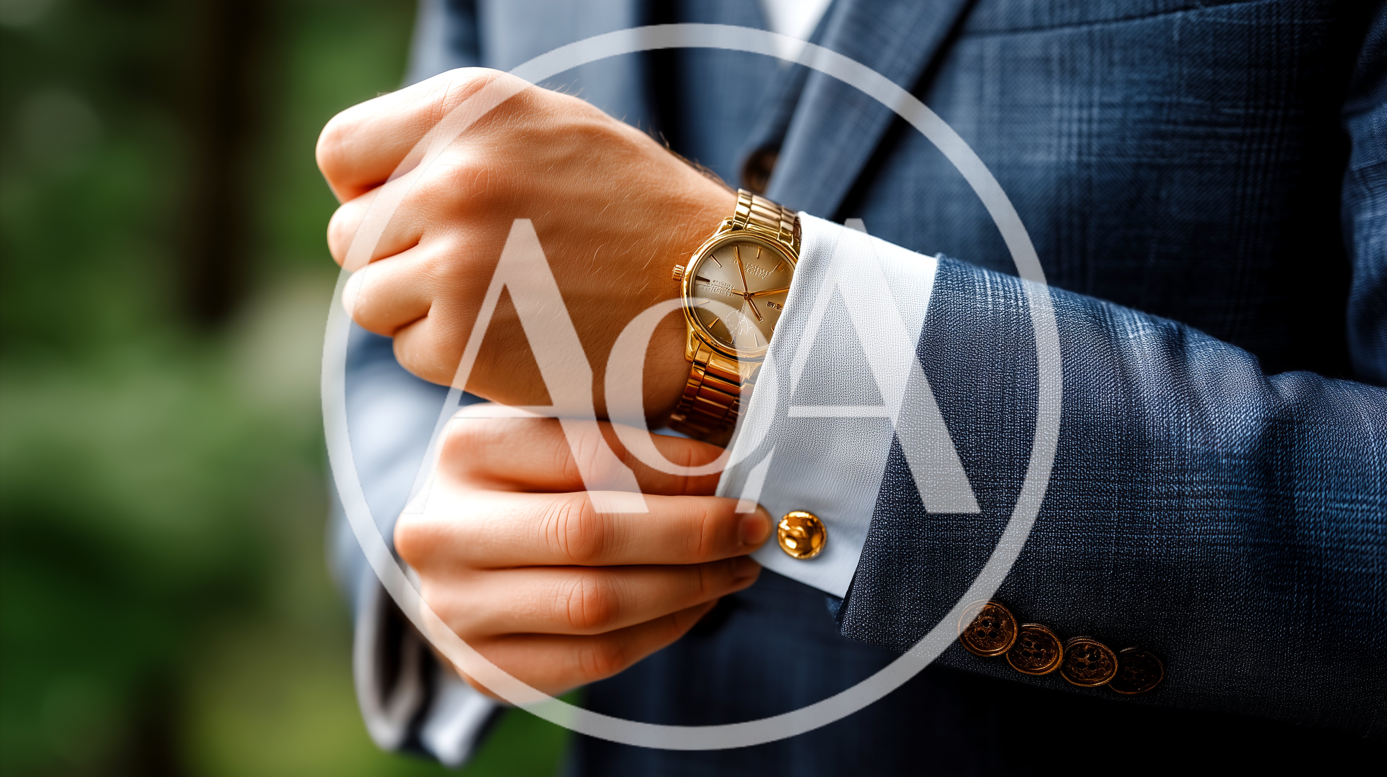 Man Adjusting Gold Watch On Suit Sleeve