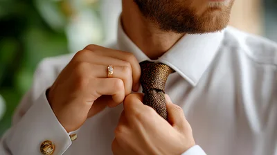 Groom Adjusting His Brown Textured Necktie