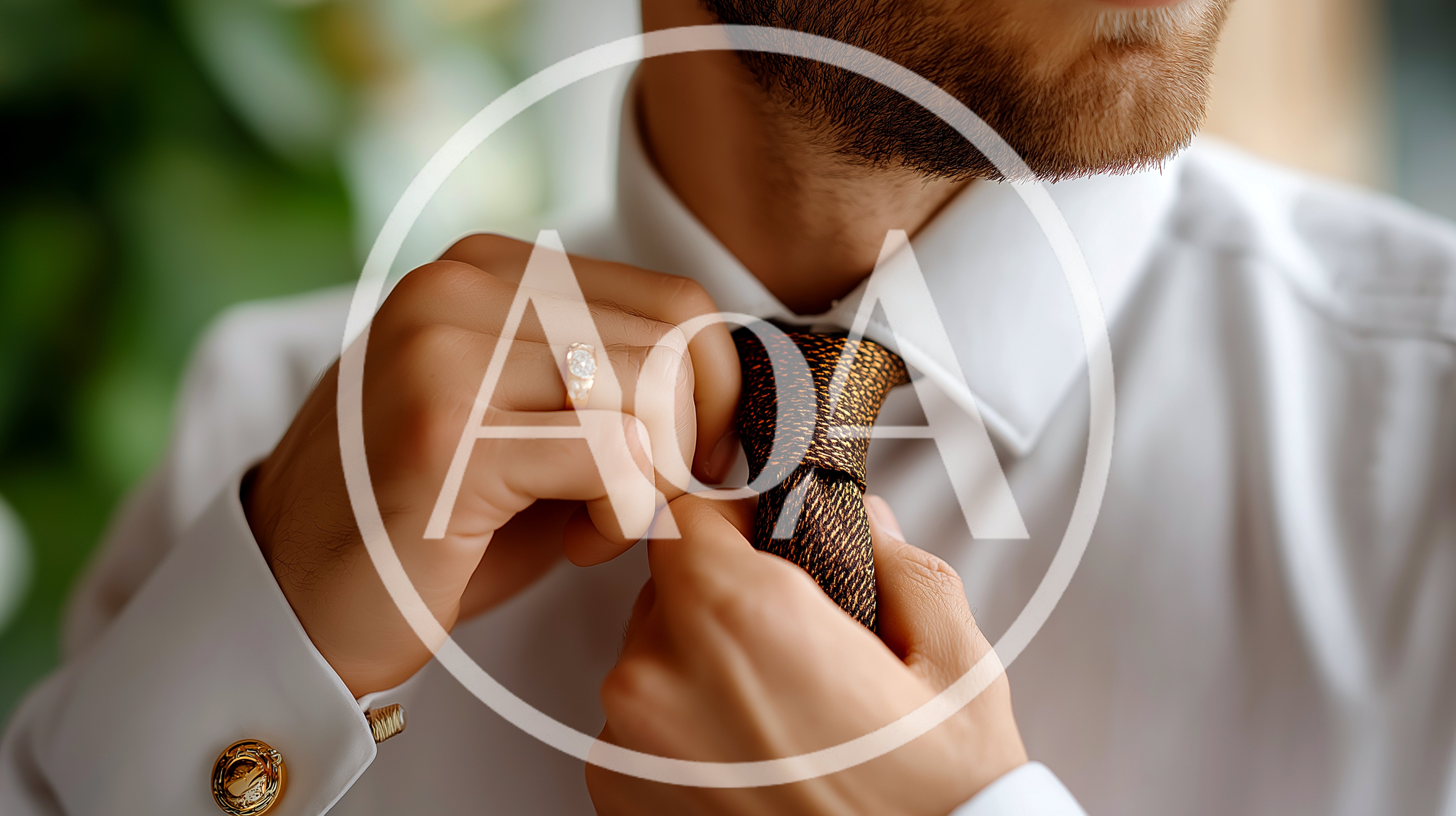 Groom Adjusting His Brown Textured Necktie