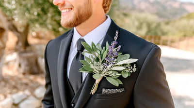 Groom Wearing A Floral Boutonniere On A Black Suit