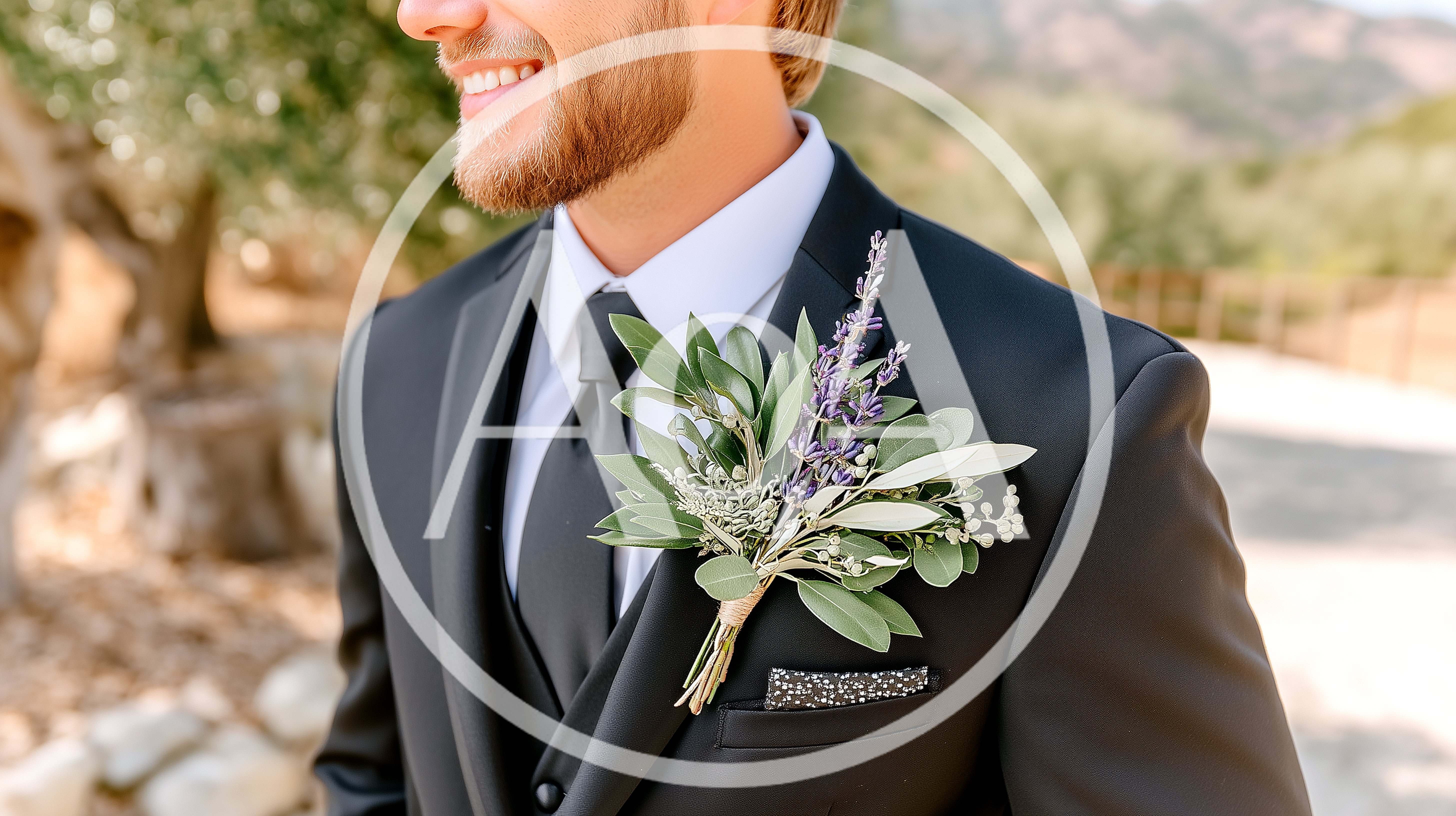 Groom Wearing A Floral Boutonniere On A Black Suit