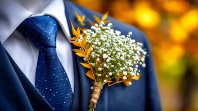 Groom Wearing Blue Suit With Baby Breath Boutonniere