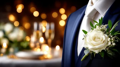 Groom Wearing White Rose Boutonniere at Wedding Reception