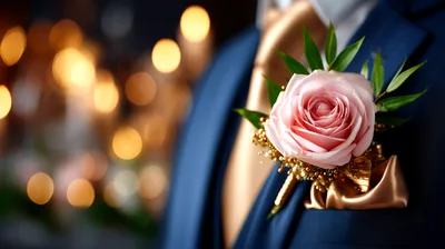 Groom Wearing A Pink Rose Boutonniere On Blue Suit