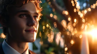 Young Man Looking Thoughtfully At Evening Lights