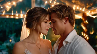 Romantic Newlywed Couple Sharing Intimate Moment Under Fairy Lights