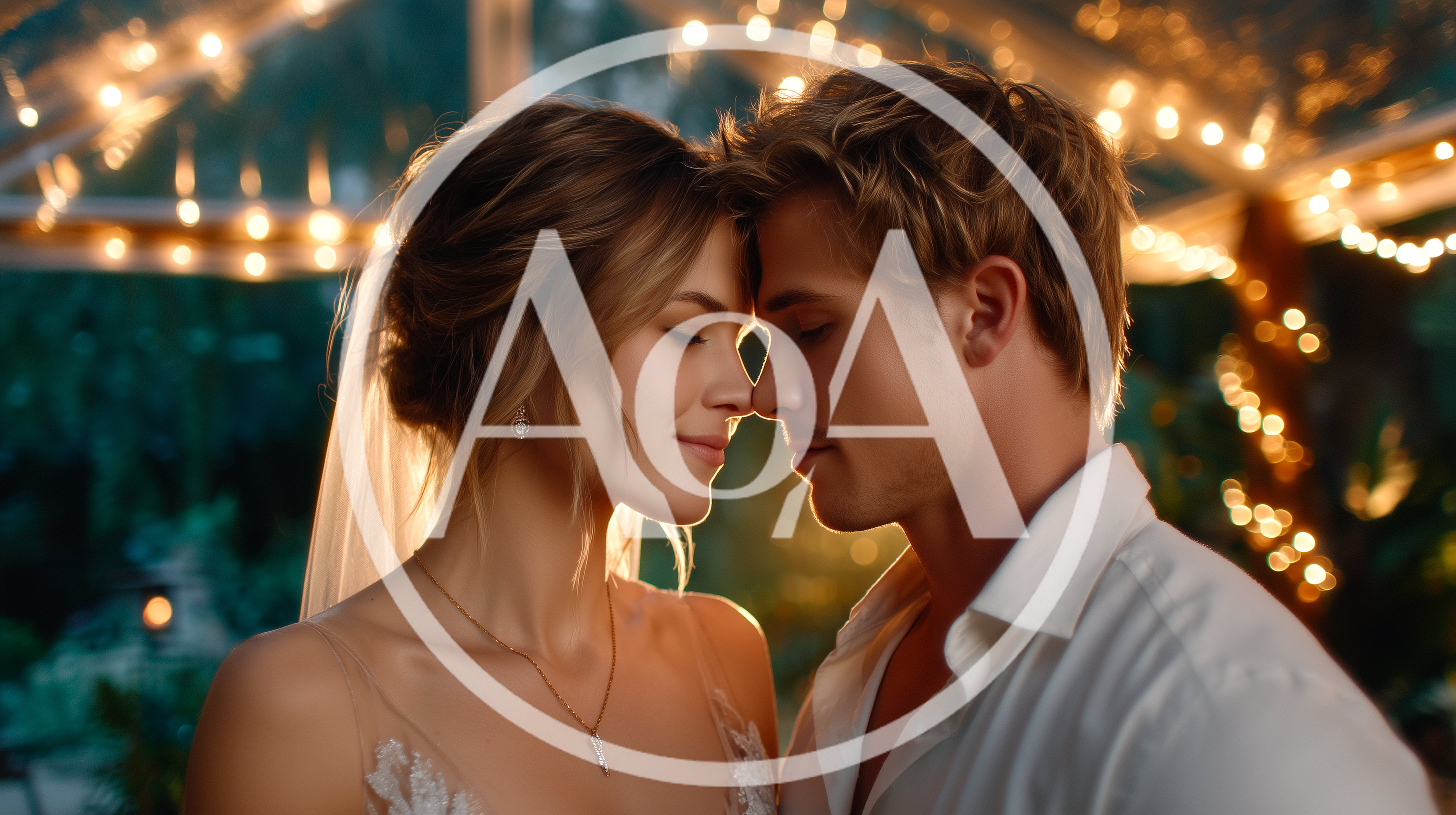 Romantic Newlywed Couple Sharing Intimate Moment Under Fairy Lights