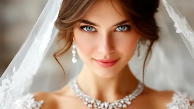Beautiful Bride Wearing Elegant Jewelry And Veil