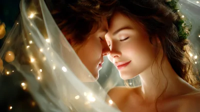 Romantic Couple Embracing Under Fairy Lights