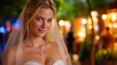 Beautiful Blonde Bride Smiling In Wedding Veil