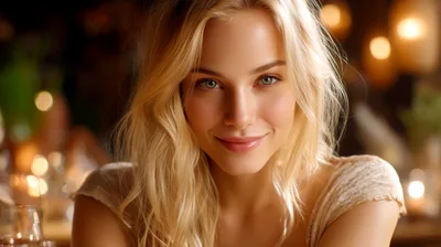 Portrait Of A Beautiful Blonde Woman Smiling In Restaurant