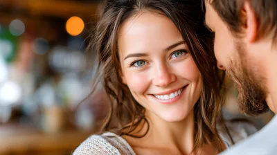 Close Up Of A Smiling Woman Looking At Her Partner
