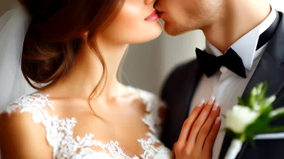 Bride And Groom Sharing An Intimate Wedding Kiss