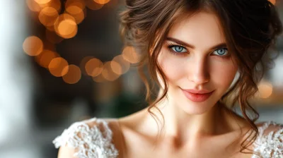 Beautiful Bride With Blue Eyes Looking At Camera
