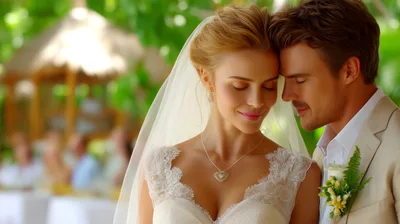 Newlywed Couple Embracing During Tropical Outdoor Wedding Ceremony