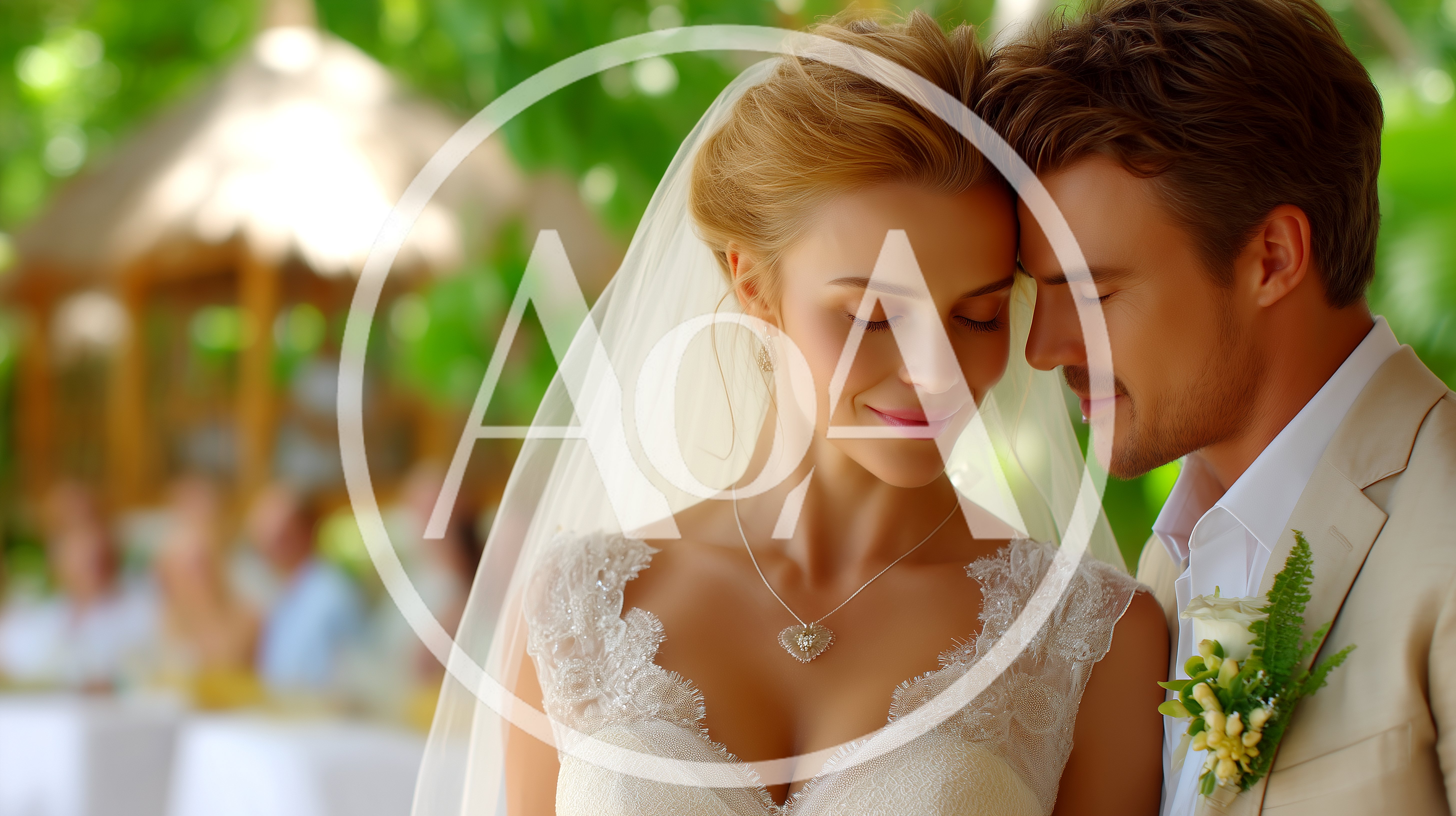Newlywed Couple Embracing During Tropical Outdoor Wedding Ceremony