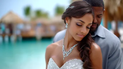 Newlywed Couple Embracing On A Tropical Beach