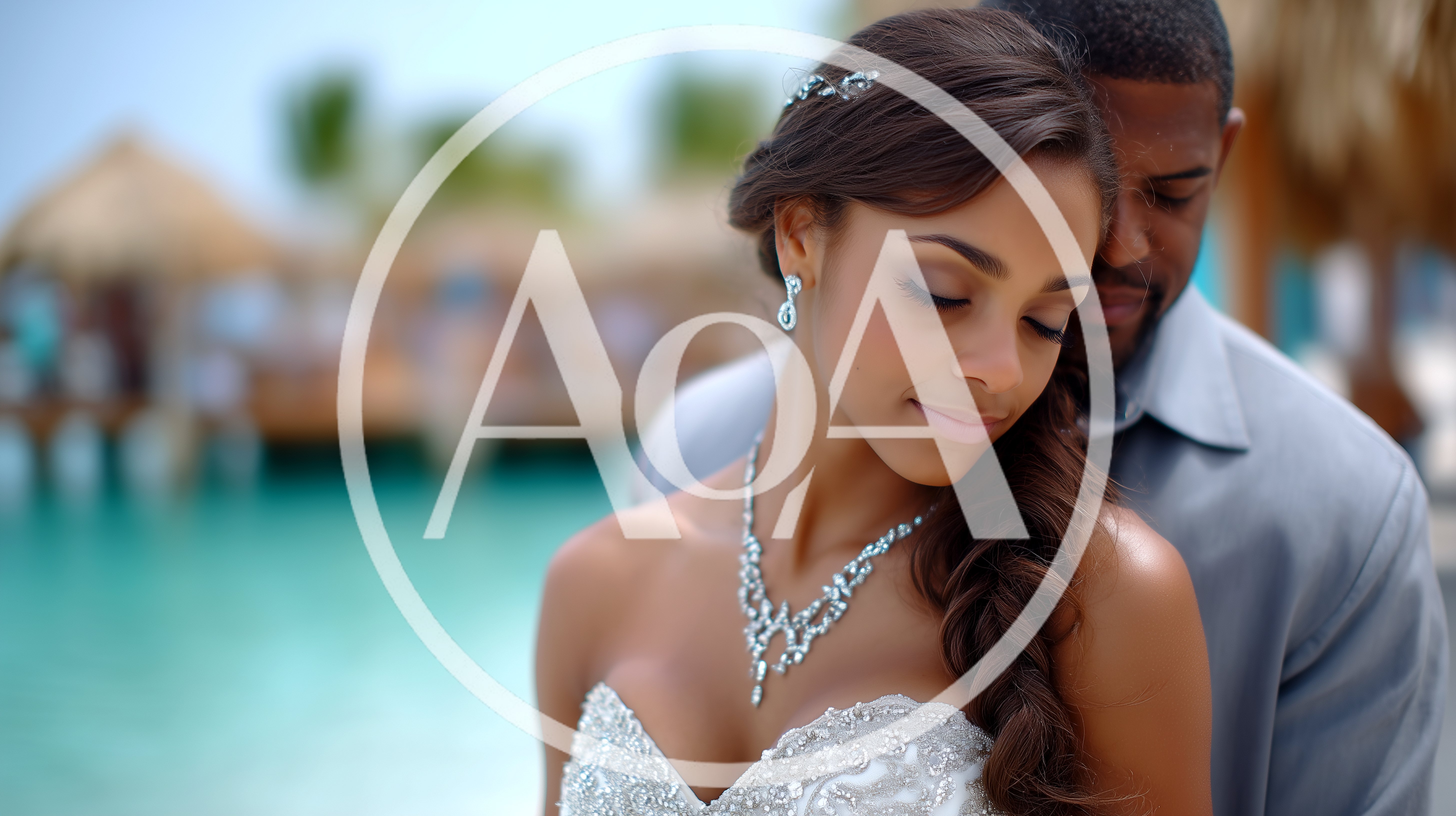 Newlywed Couple Embracing On A Tropical Beach