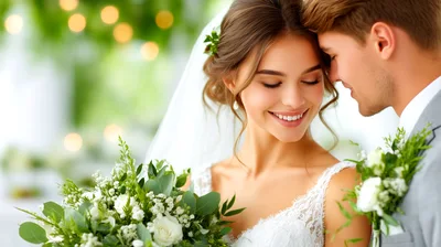Happy Bride And Groom Embracing At Wedding Ceremony