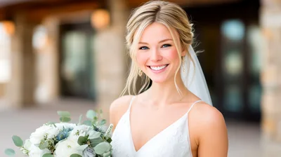 Smiling Bride Holding Wedding Bouquet Outdoors