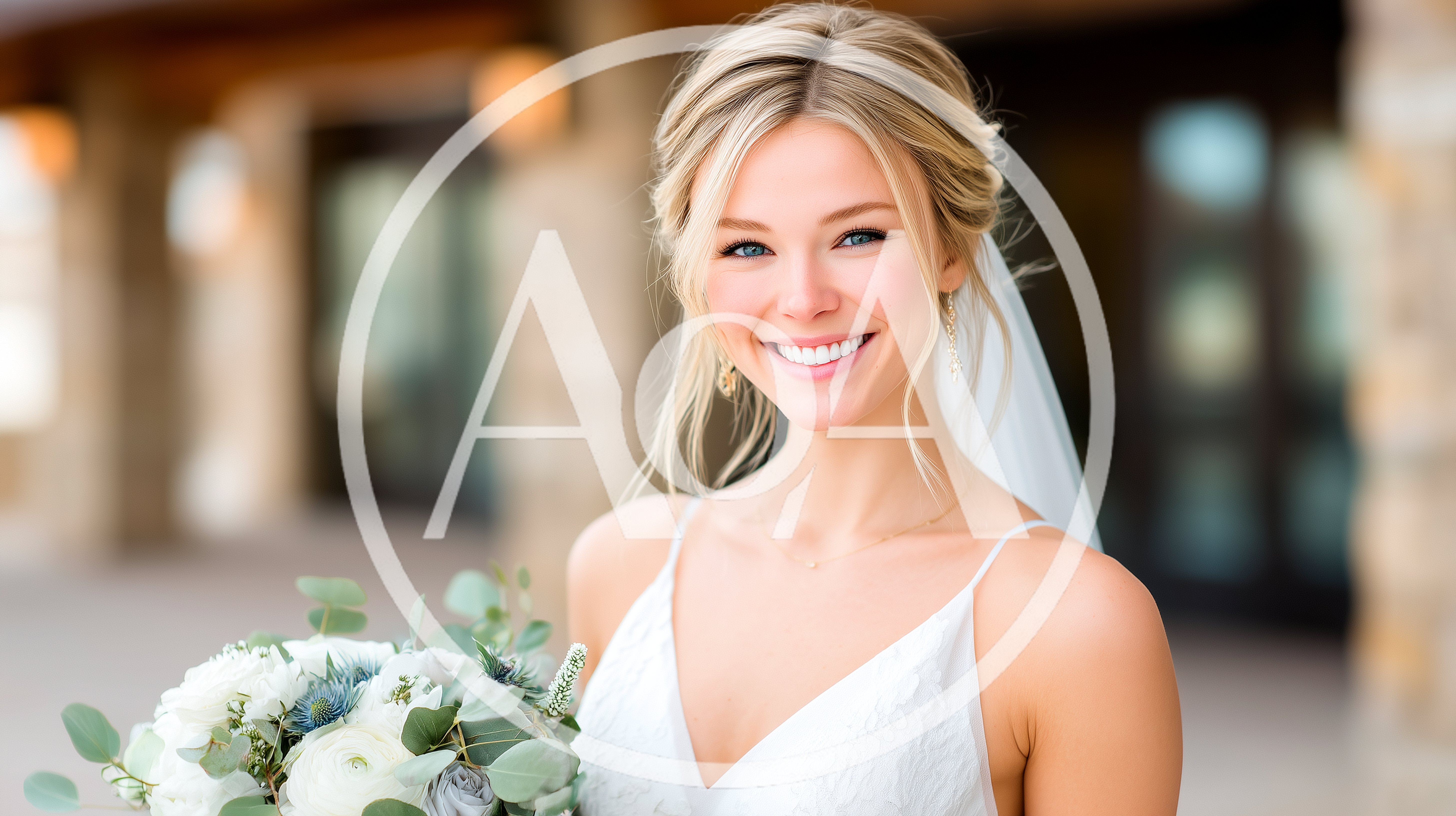 Smiling Bride Holding Wedding Bouquet Outdoors