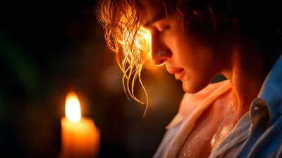 Young Man With Wet Hair Illuminated By Candlelight