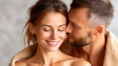 Couple In Bathrobes Embracing And Smiling At Home
