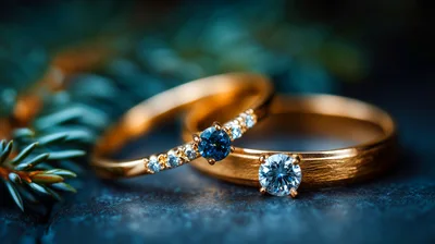 Two Gold Wedding Rings With Gemstones On Pine Branches