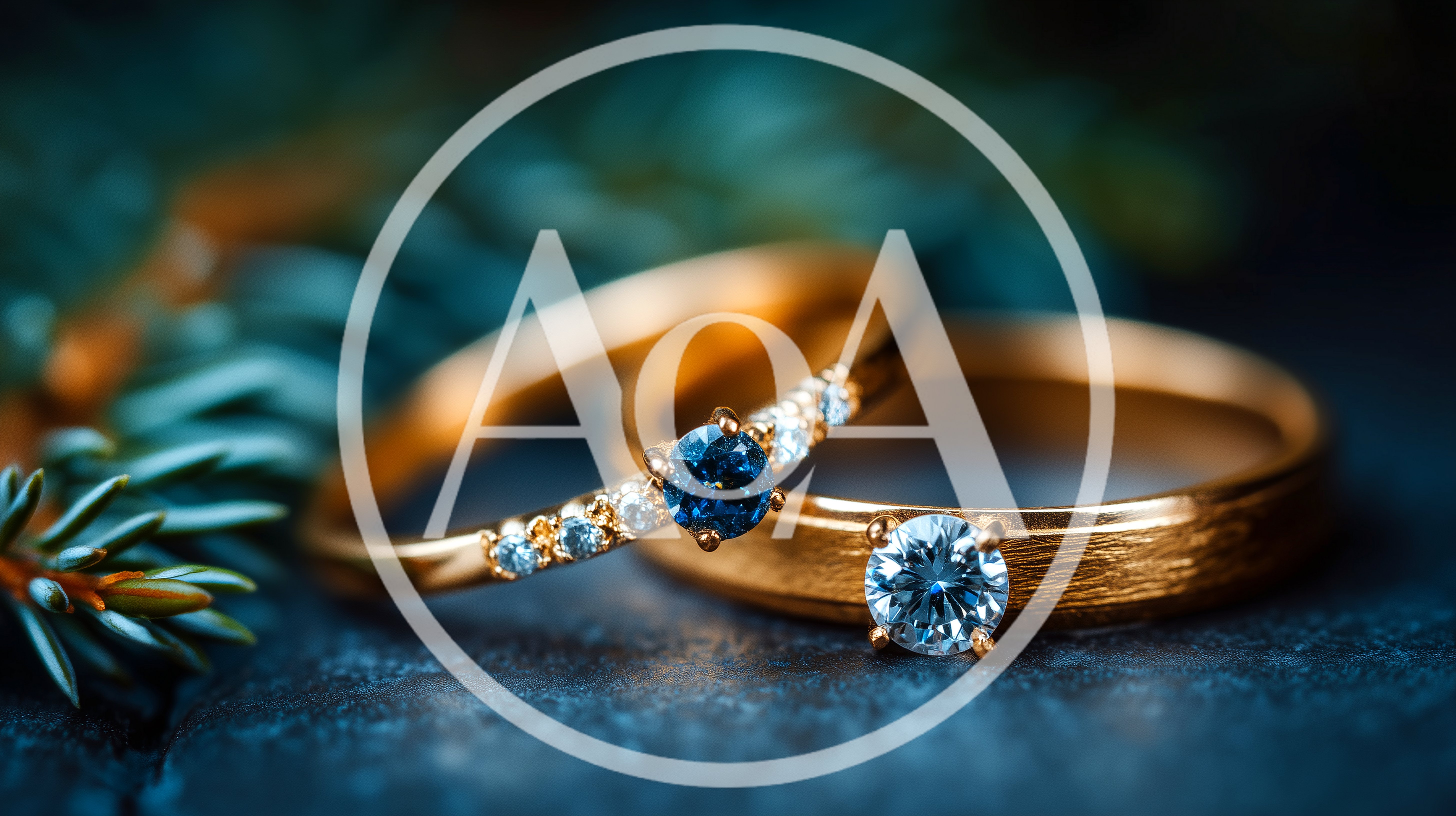 Two Gold Wedding Rings With Gemstones On Pine Branches