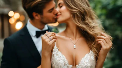 Romantic Newlywed Couple Sharing An Intimate Wedding Kiss
