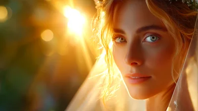 Close Up Portrait Of A Radiant Bride In Sunlight