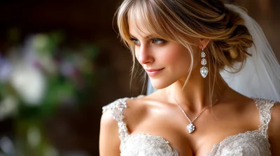 Beautiful Bride Wearing Elegant Jewelry And Wedding Dress