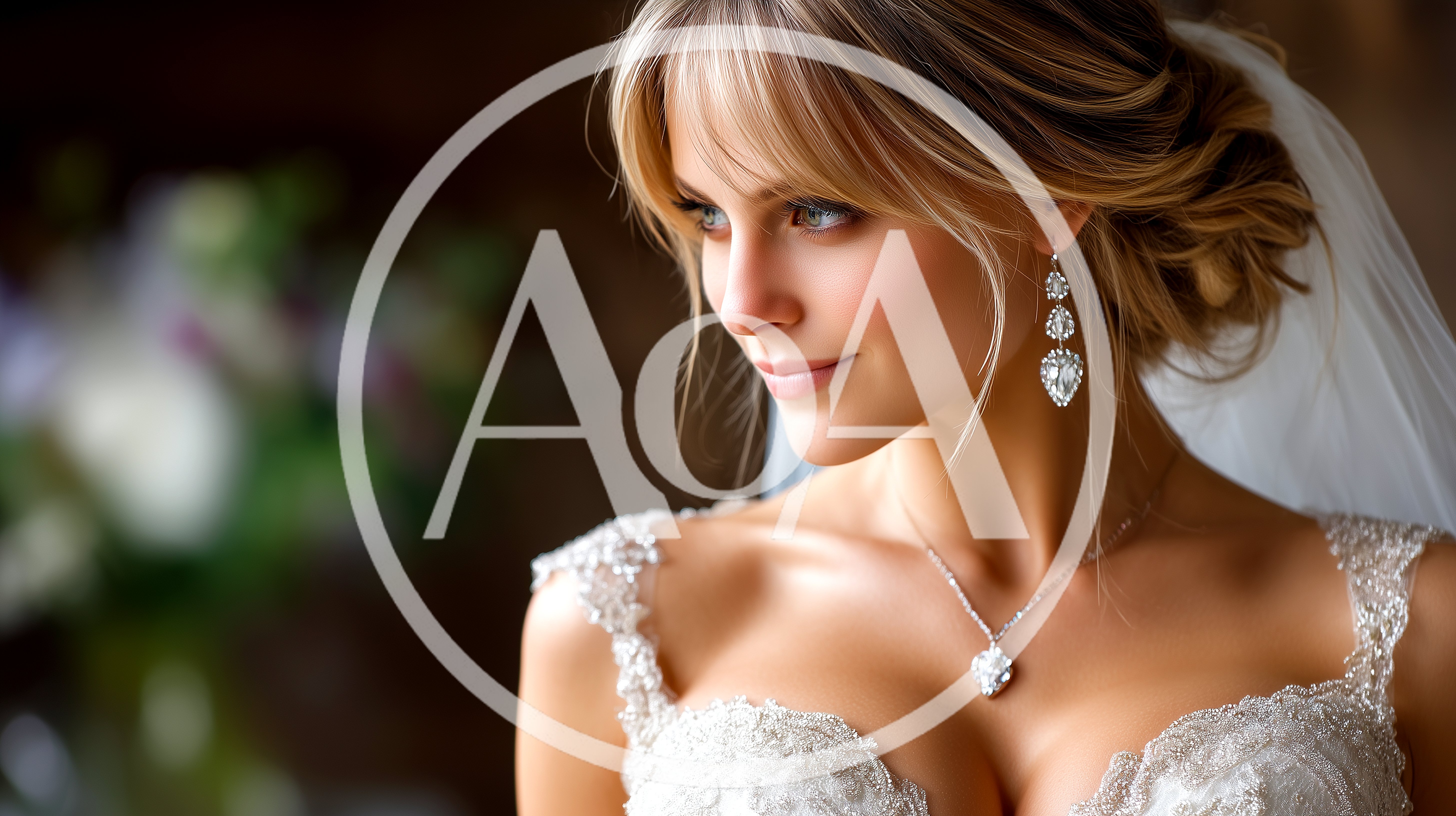 Beautiful Bride Wearing Elegant Jewelry And Wedding Dress
