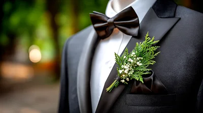 Groom Wearing Black Tuxedo With Floral Boutonniere