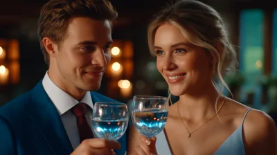 Young Couple Toasting With Blue Drinks At Evening Event
