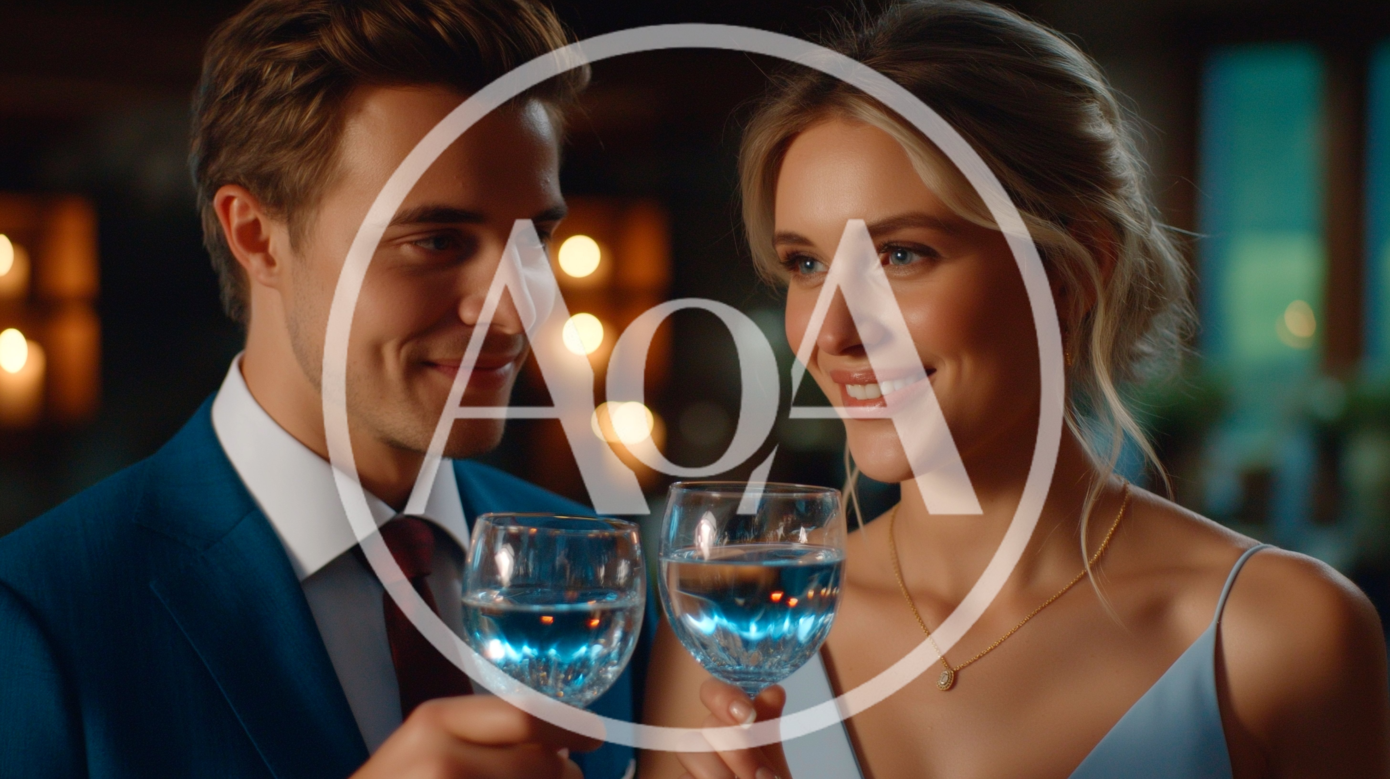 Young Couple Toasting With Blue Drinks At Evening Event