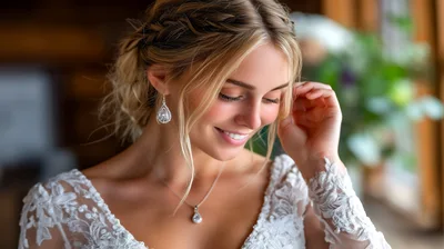 Beautiful Bride Adjusting Her Earring In A Wedding Dress