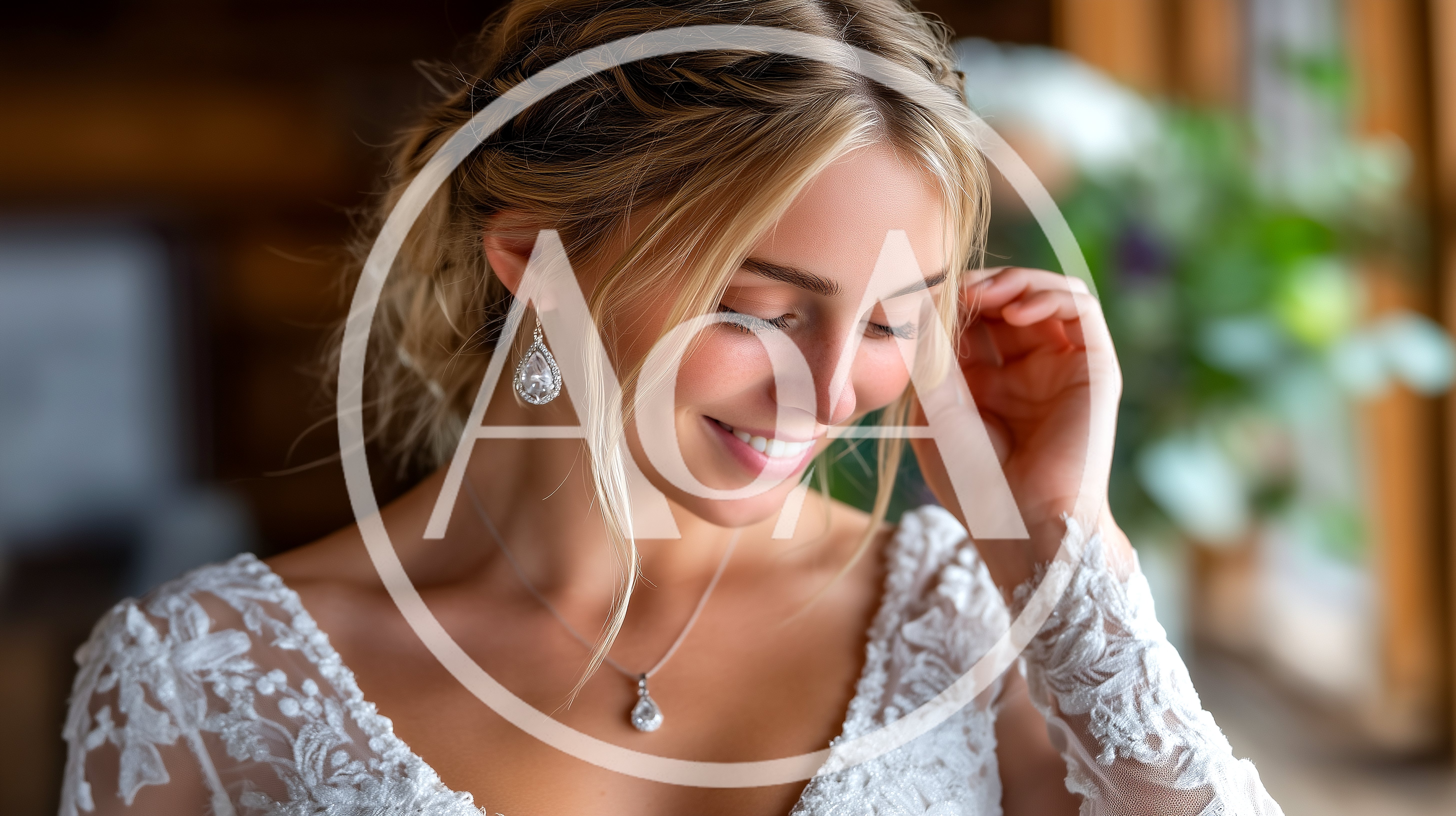 Beautiful Bride Adjusting Her Earring In A Wedding Dress