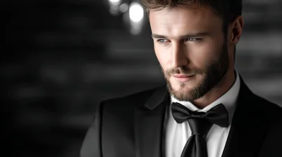 Handsome Man In A Black Tuxedo And Bow Tie