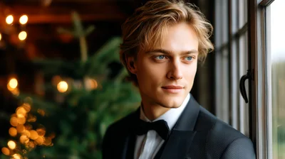 Handsome Young Man In Tuxedo Looking Out Window