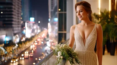 Elegant Bride Standing On Balcony Overlooking City Lights