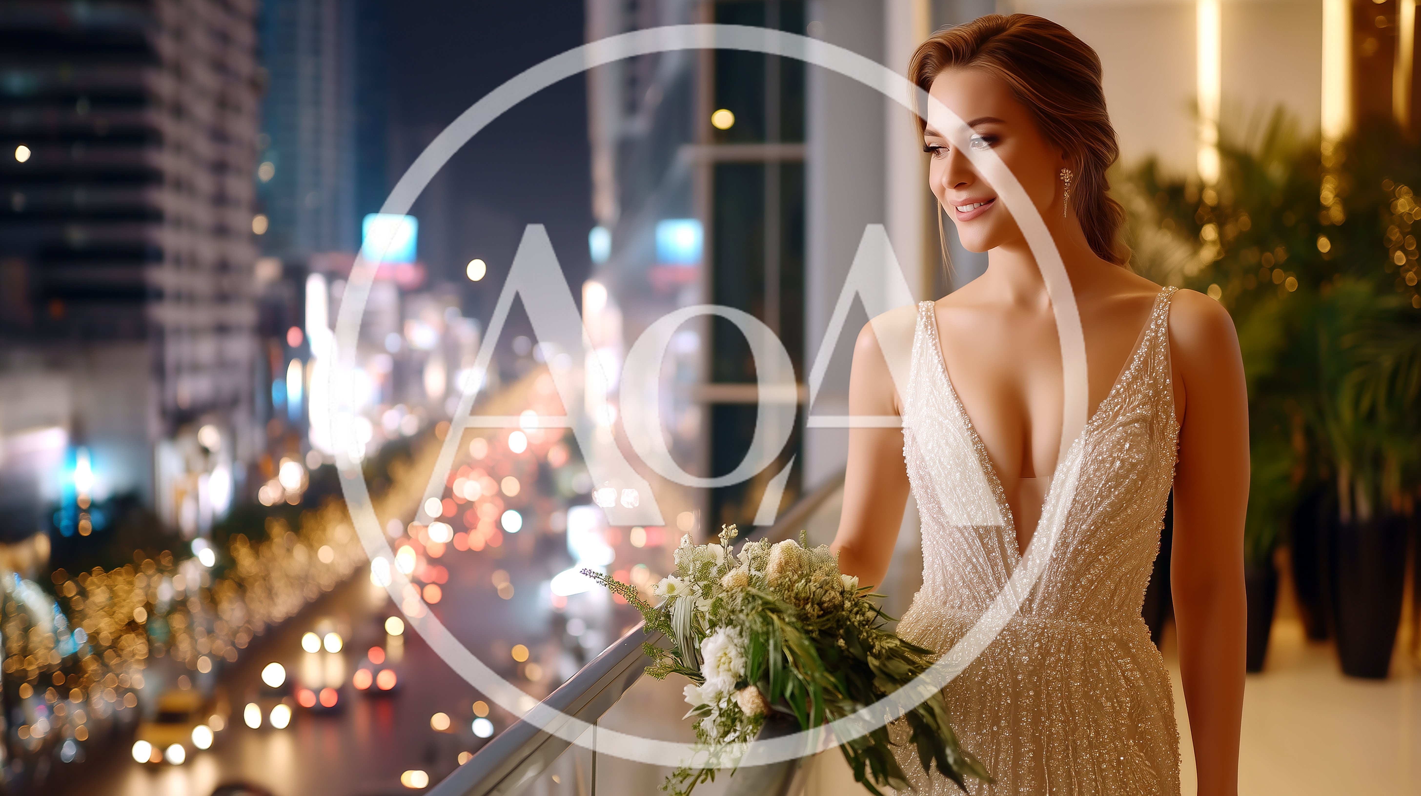 Elegant Bride Standing On Balcony Overlooking City Lights