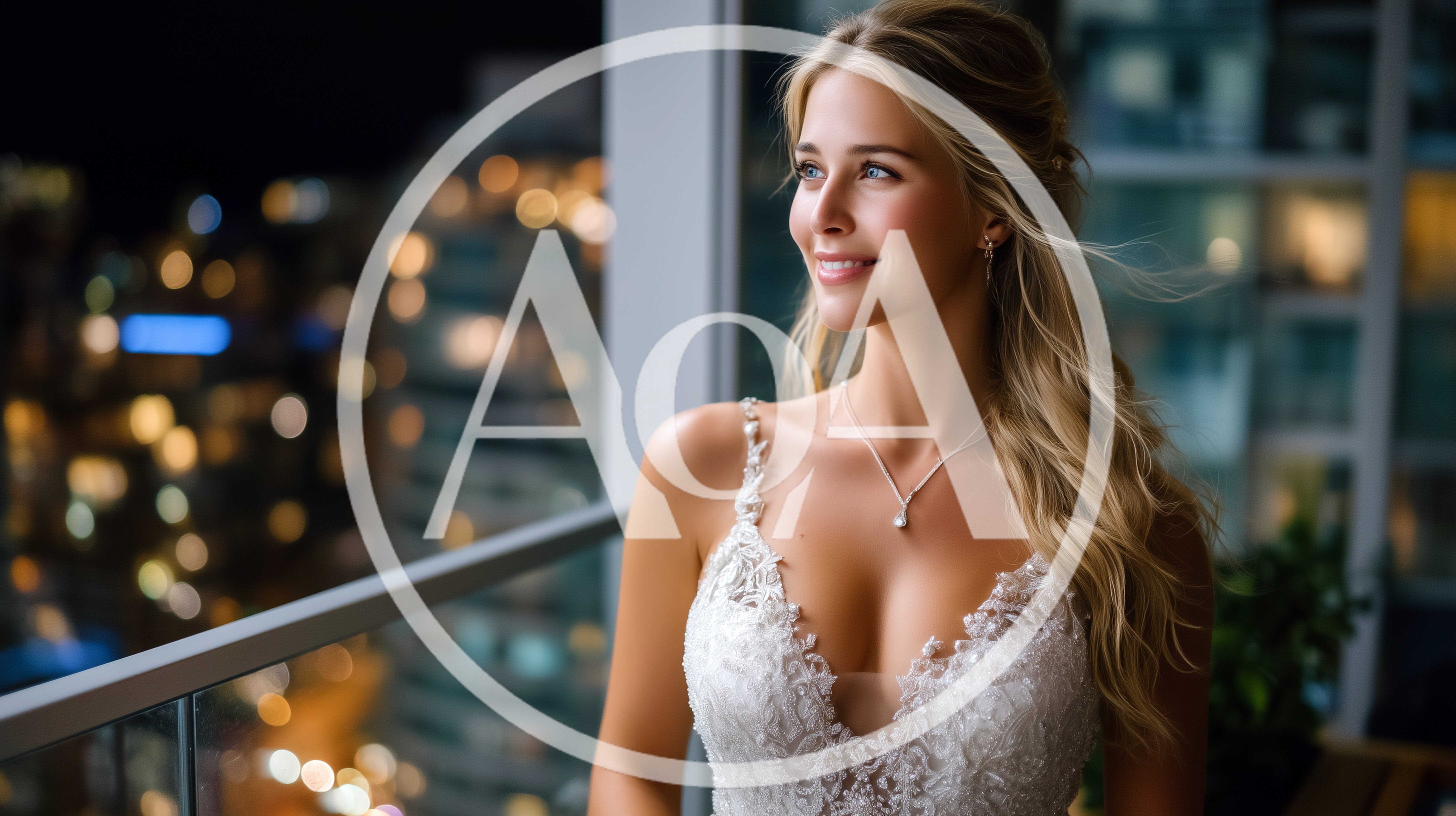 Beautiful Bride Standing On A Balcony At Night