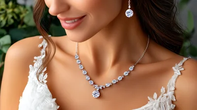 Elegant Bride Wearing Diamond Necklace And Earrings