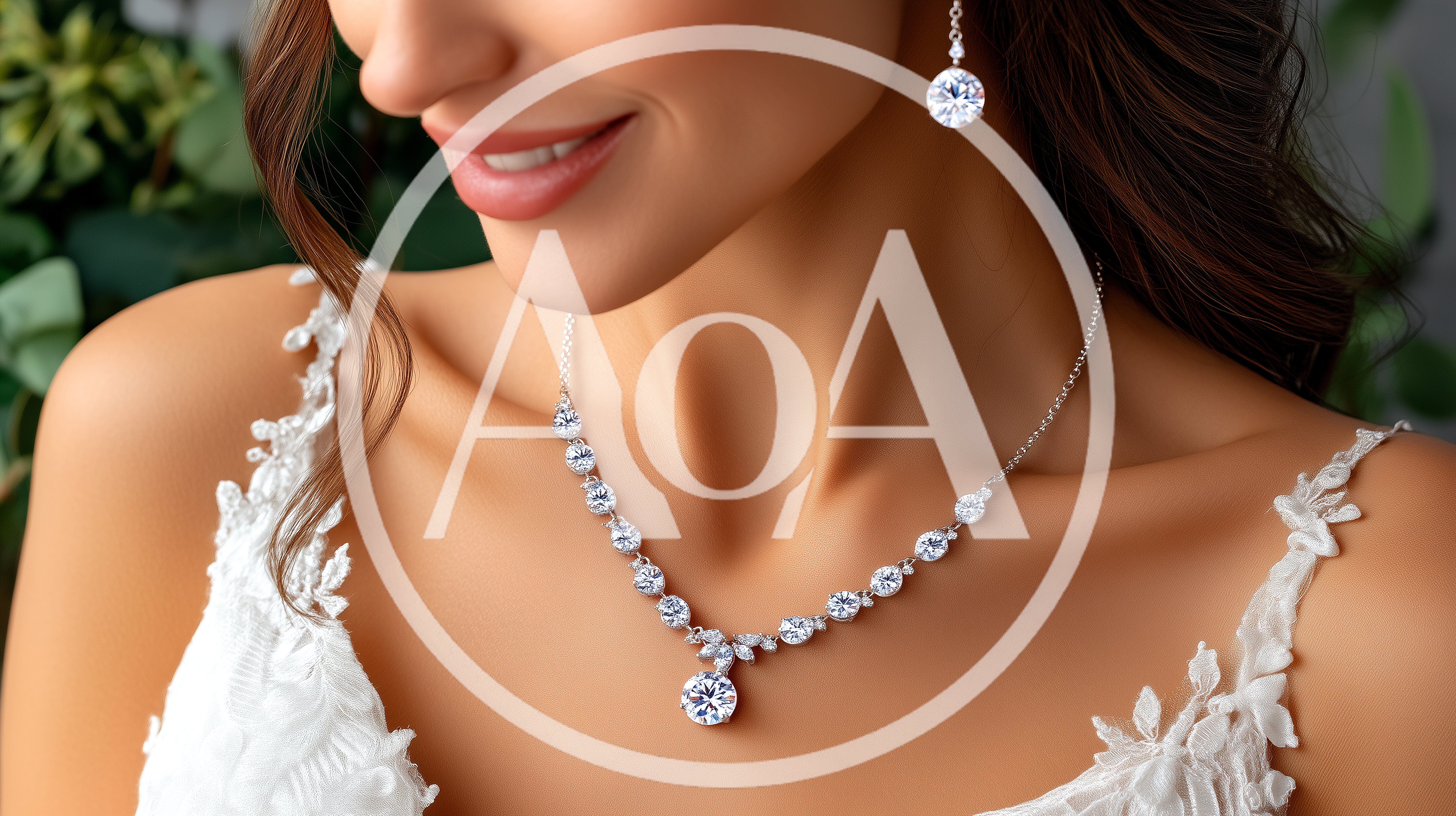 Elegant Bride Wearing Diamond Necklace And Earrings